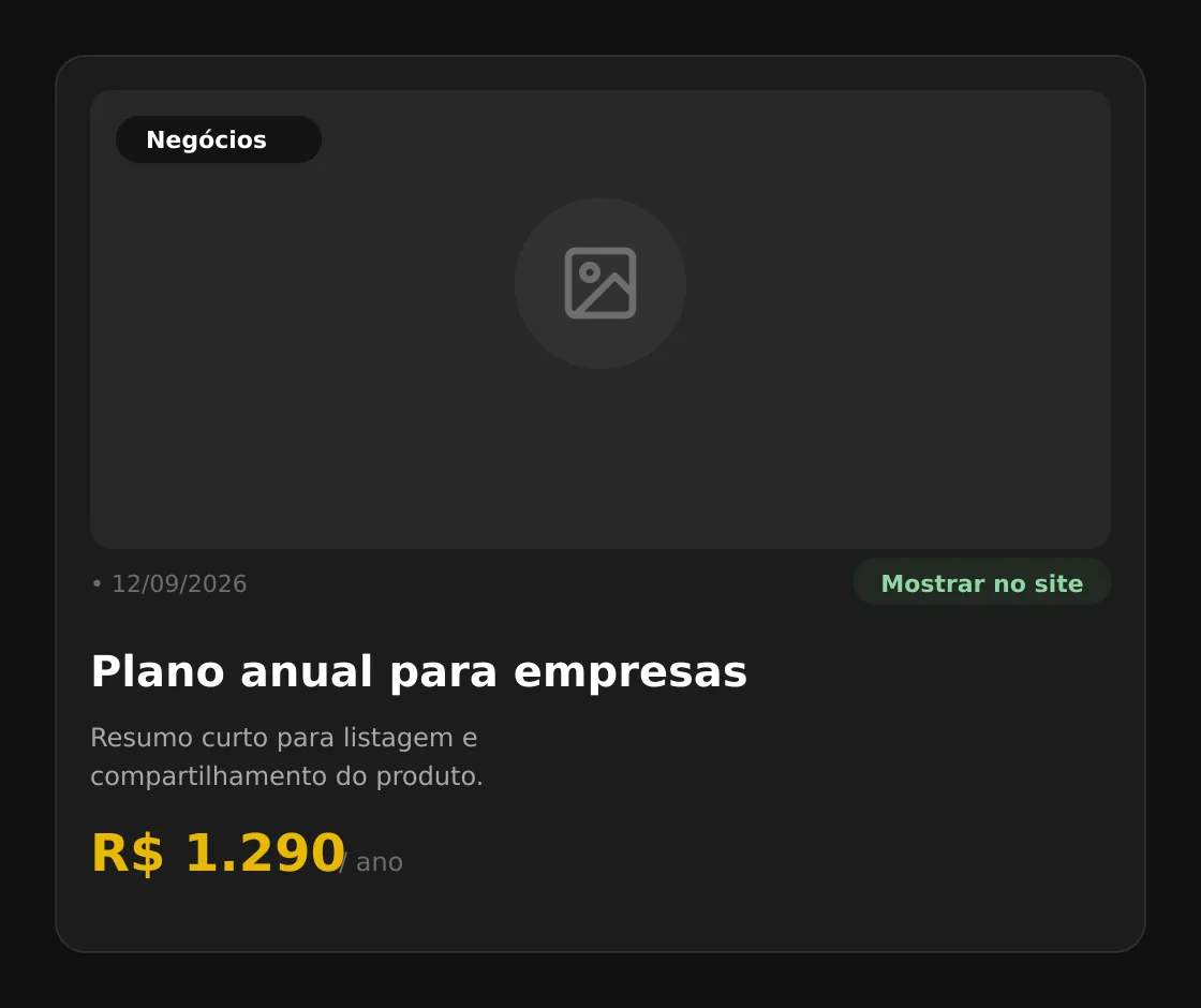 Card de produto do catálogo: categoria, imagem, data, estado Mostrar no site, nome, resumo e preço.